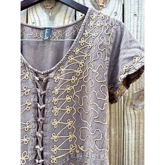 Embroidered lace-up mini dress Brown cocoa Boho Festival Forest - Picture 8 of 9